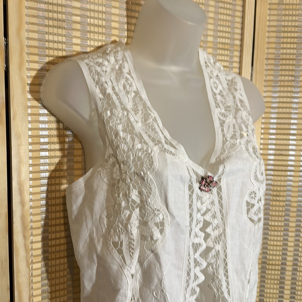 Wimpole Street Vintage 1990s Y2K Crisp White Linen Cotton Lace Vest Large? - Picture 2 of 15